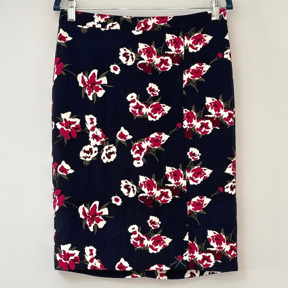 J.Crew Floral Faux Wrap Pencil Skirt Womens Size 4 Navy Pink